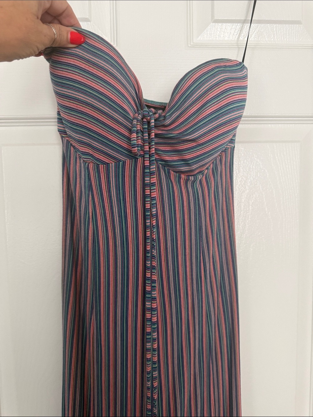 Felicity & Coco Strapless Maxi Dress in Pink, Blue & Teal Stripes